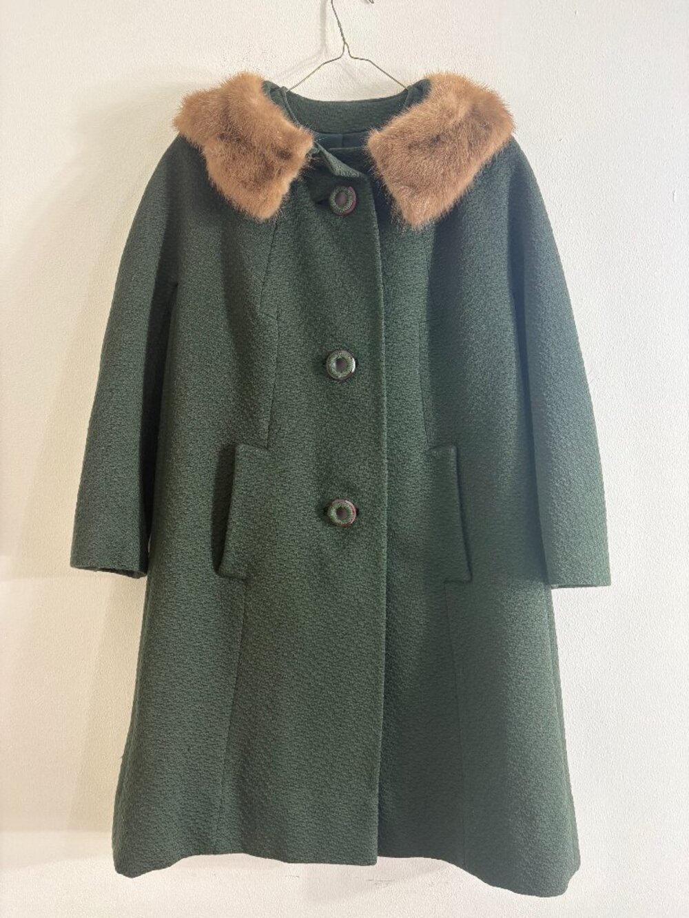 VTG 1950s Hockanum Benara Green Wool Swing Coat Mink Fur Collar Union Made M L